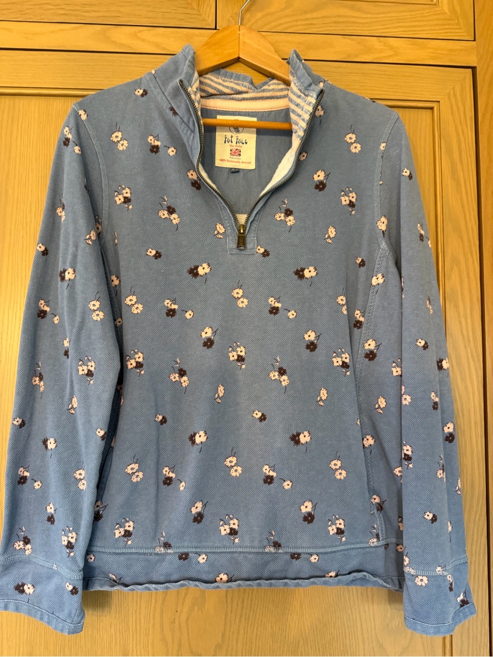 Fat Face Blue Floral Quarter Zip High Collar Pullover Sustainable with Pockets